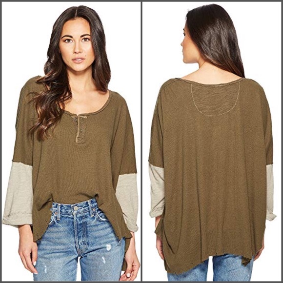 Free People Hi-Lo Army Green Distressed Henley - Picture 4 of 5